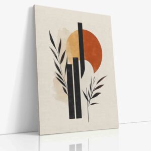 Minimalistický abstraktní obraz zobrazující geometrické lístky, pruhy a stylizované slunce v harmonické kompozici na plátně.
