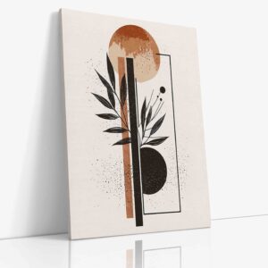 Minimalistický abstraktní obraz zobrazující geometricky stylizovaný přírodní noční jev v tlumených tmavých tónech na plátně.