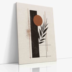 Minimalistický abstraktní obraz zobrazující přímé geometrické linie v interakci se stylizovanou rostlinou na plátně.