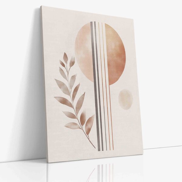 Minimalistický abstraktní obraz zobrazující geometrické fáze slunce v interakci se stylizovanou větví na plátně.