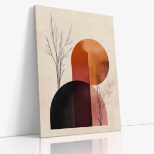 Minimalistický abstraktní obraz zobrazující geometrické propojení stylizované země a slunce v harmonické kompozici na plátně.