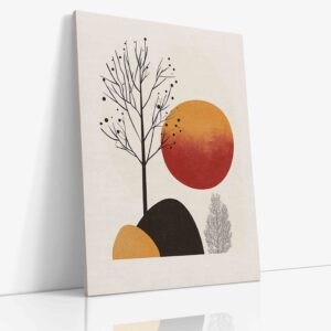 Minimalistický abstraktní obraz znázorňující geometricky stylizovaný strom vedle slunce v harmonické kompozici na plátně.