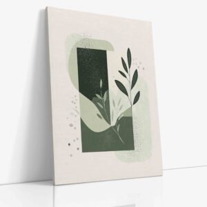 Minimalistický abstraktní obraz zobrazující přírodní formy převedené do geometrických vzorů v zelených tónech na plátně.