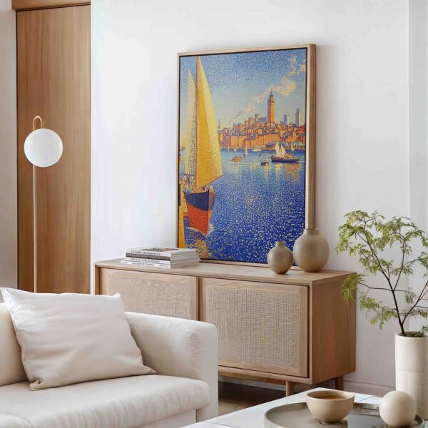Loď plující na moři před městem - Pointilismus - Obraz na plátně - Image 2