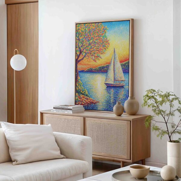 Loď na jezeře se stromem - Pointilismus - Obraz na plátně - Image 2