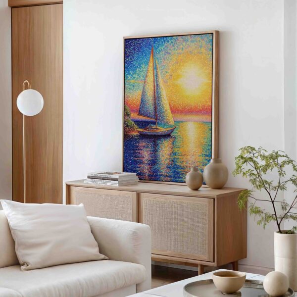 Loď na moři v západu slunce - Pointilismus - Obraz na plátně - Image 2