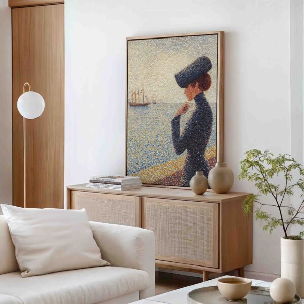 Žena sleduje plující loď - Pointilismus - Obraz na plátně - Image 2
